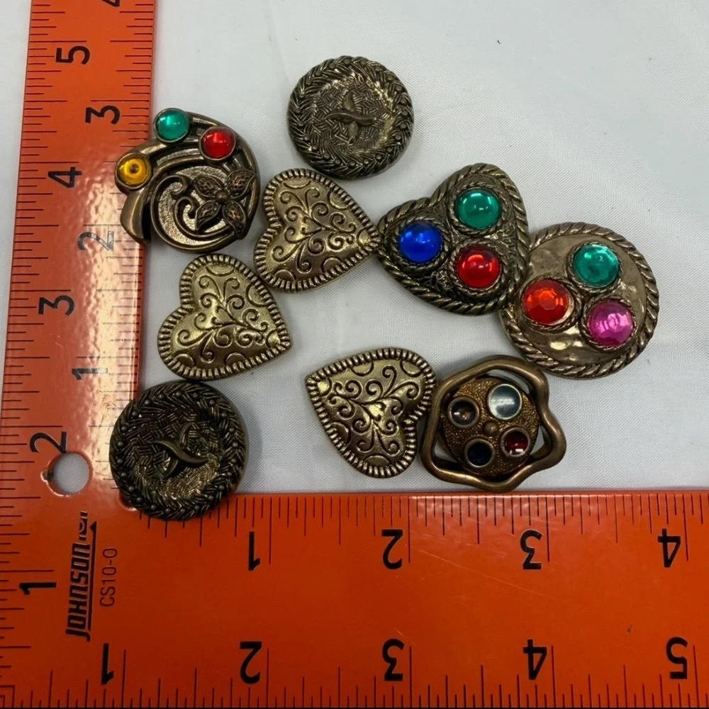 Vintage Mixed Metal Shank Buttons Lot 9pc Heart Round Filigree Faux Gemstone